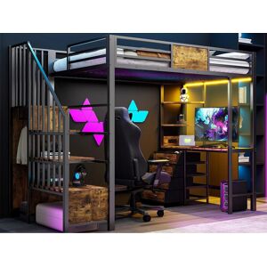 ModernLuxe Metal hoogslaper 90x200 cm - met bureau - opbergvakken - kledingrek - LED-verlichting + stopcontact - zwart - Zwart ModernLuxe Metal hoogslaper 90x200 cm - met bureau - opbergvakken - kledingrek - LED-verlichting + stopcontact - zwart - Zwart