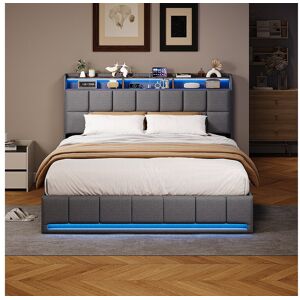 Tweepersoonsbed 140x200 cm grijs met opbergruimte, RGB LED-verlichting, USB-poort en ademende linnen stof - Grijs Tweepersoonsbed 140x200 cm grijs met opbergruimte, RGB LED-verlichting, USB-poort en ademende linnen stof - Grijs