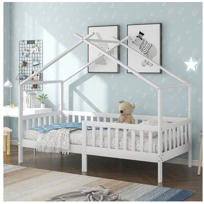 Merax Kinderbed - 90 x 200 cm - massief hout - lattenbodem - wit - Wit Merax Kinderbed - 90 x 200 cm - massief hout - lattenbodem - wit - Wit