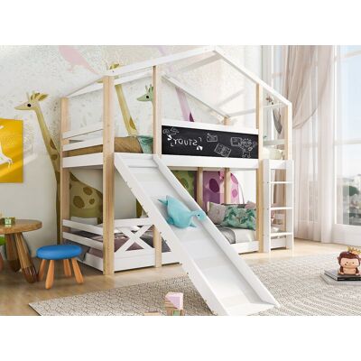 Merax Cabine stapelbed - 2 x 90 x 200 cm - grenen en MDF - glijbaan, ladder en lattenbodem - kleuren: naturel en wit - Natuurlijk licht Merax Cabine stapelbed - 2 x 90 x 200 cm - grenen en MDF - glijbaan, ladder en lattenbodem - kleuren: naturel en wit - Natuurlijk licht