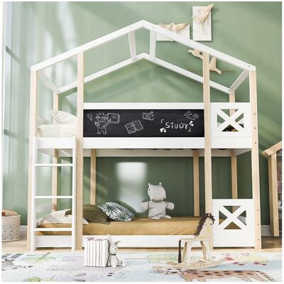 Merax Stapelbed - 2 x 90 x 200 cm - grenen en MDF - ladder, spijlen en lattenbodem - naturel en wit - Natuurlijk licht Merax Stapelbed - 2 x 90 x 200 cm - grenen en MDF - ladder, spijlen en lattenbodem - naturel en wit - Natuurlijk licht