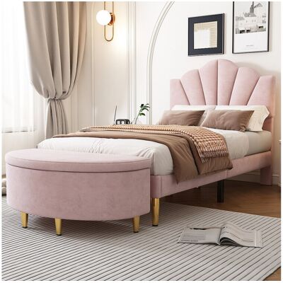 Merax Schelpbed - 90 x 200 cm - fluweel - roze kleur + opbergbank + lattenbodem - Roze Merax Schelpbed - 90 x 200 cm - fluweel - roze kleur + opbergbank + lattenbodem - Roze