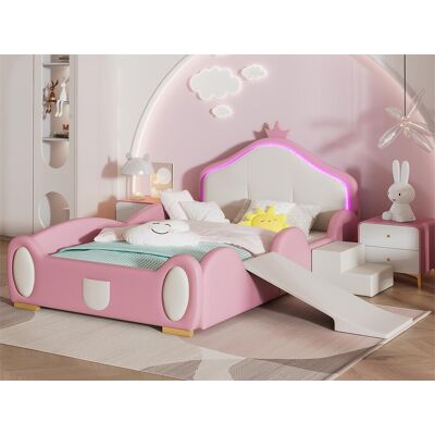 Merax Kinderbed 90 x 200 cm met glijbaan en trap, bekleed met pu leer, LED's, roze + beige - Roze Merax Kinderbed 90 x 200 cm met glijbaan en trap, bekleed met pu leer, LED's, roze + beige - Roze