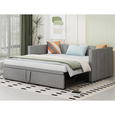 Merax Kinderbed met onderschuifbed 90 x 200 cm - fluweel - inclusief bedbodem - grijs - Grijs Merax Kinderbed met onderschuifbed 90 x 200 cm - fluweel - inclusief bedbodem - grijs - Grijs