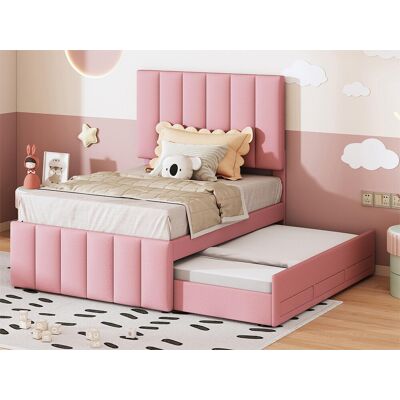 Merax Onderschuifbed 90 x 190/200 cm met 3 lades - linnenstof - lattenbodem - roze - Roze Merax Onderschuifbed 90 x 190/200 cm met 3 lades - linnenstof - lattenbodem - roze - Roze