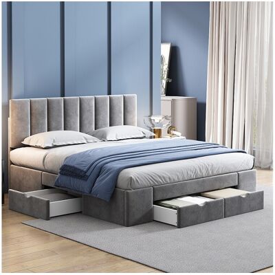 Merax Volwassen bed met 4 lades en hoofdeinde - 160 x 200 cm - fluweel - lattenbodem - grijze kleur - Grijs Merax Volwassen bed met 4 lades en hoofdeinde - 160 x 200 cm - fluweel - lattenbodem - grijze kleur - Grijs