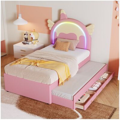 Merax Uitschuifbed 90 x 200 cm + 90 x 190 cm met 3 lades - Hoofdbord in de vorm van eenhoorn - Kunstleer - Roze - Roze Merax Uitschuifbed 90 x 200 cm + 90 x 190 cm met 3 lades - Hoofdbord in de vorm van eenhoorn - Kunstleer - Roze - Roze