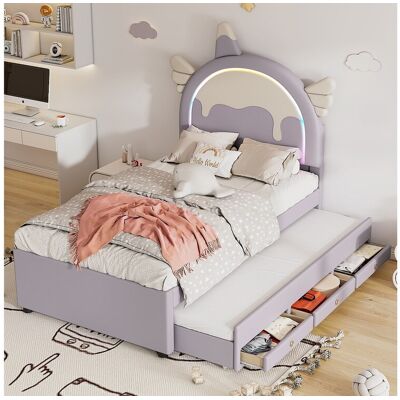 Merax Uitschuifbed 90 x 200 cm + 90 x 190 cm met 3 lades - Hoofdbord in de vorm van eenhoorn - Kunstleer - Paars - Violet Merax Uitschuifbed 90 x 200 cm + 90 x 190 cm met 3 lades - Hoofdbord in de vorm van eenhoorn - Kunstleer - Paars - Violet