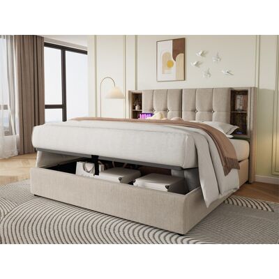 ModernLuxe Gestoffeerd opbergbed 140x200 cm - met draadloos opladen en opbergkop - linnen stof - Beige - Beige ModernLuxe Gestoffeerd opbergbed 140x200 cm - met draadloos opladen en opbergkop - linnen stof - Beige - Beige