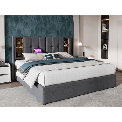 ModernLuxe Gewatteerd opbergbed 140x200 cm - met draadloos opladen en opberghoofd - katoenen stof - Grijs - Grijs ModernLuxe Gewatteerd opbergbed 140x200 cm - met draadloos opladen en opberghoofd - katoenen stof - Grijs - Grijs