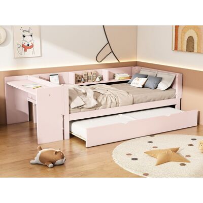 Merax Onderschuifbed 90 x 200 cm + 90 x 180 cm met bureau en 3 planken - massief grenenhout - lattenbodem - roze - Roze Merax Onderschuifbed 90 x 200 cm + 90 x 180 cm met bureau en 3 planken - massief grenenhout - lattenbodem - roze - Roze