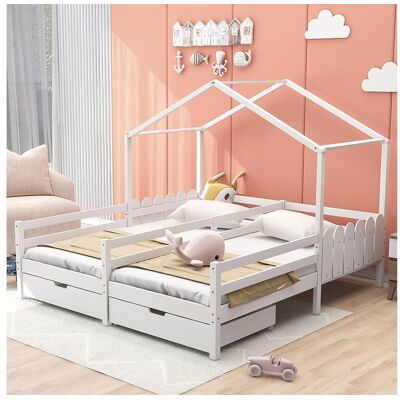 Merax Cabinebed 2 x 90 x 200 cm met 2 laden - Grenenhout en MDF - Rails en lattenbodem - wit - Wit Merax Cabinebed 2 x 90 x 200 cm met 2 laden - Grenenhout en MDF - Rails en lattenbodem - wit - Wit