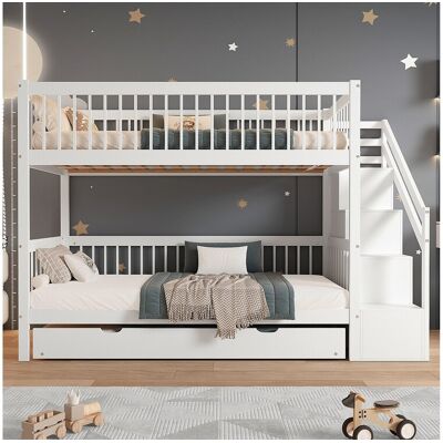 Merax Stapelbedden 2 x 90 x 200 cm + onderschuifbed 90 x 190 cm - 3 lades en trap - grenen + MDF - kleur wit - Natuurlijk licht Merax Stapelbedden 2 x 90 x 200 cm + onderschuifbed 90 x 190 cm - 3 lades en trap - grenen + MDF - kleur wit - Natuurlijk licht