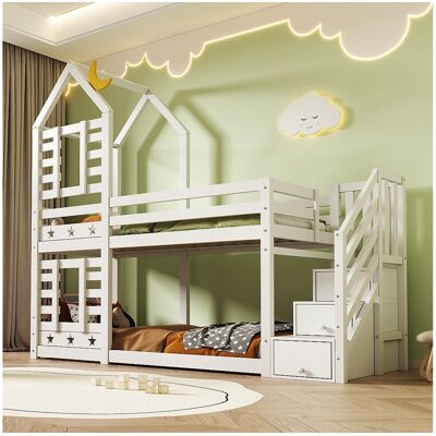 Merax Stapelbed 2 x 90 x 200 cm met 3 lades en trap - massief hout en MDF - 2 x lattenbodems - wit - Wit Merax Stapelbed 2 x 90 x 200 cm met 3 lades en trap - massief hout en MDF - 2 x lattenbodems - wit - Wit