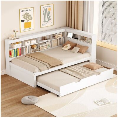 Merax Onderschuifbed 90 x 200 cm + 90 x 190 cm met USB-aansluiting en opbergvak - grenenhout + MDF - Wit (zonder matras) - Wit Merax Onderschuifbed 90 x 200 cm + 90 x 190 cm met USB-aansluiting en opbergvak - grenenhout + MDF - Wit (zonder matras) - Wit