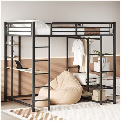 Merax Hoogslaper 140 x 200 cm met bureau en opbergplanken - metaal - lattenbodem - zwart (zonder matras) - Zwart Merax Hoogslaper 140 x 200 cm met bureau en opbergplanken - metaal - lattenbodem - zwart (zonder matras) - Zwart