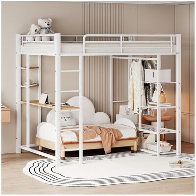 Merax Hoogslaper 140 x 200 cm met bureau en opbergplanken - metaal - lattenbodem - wit (zonder matras) - Wit Merax Hoogslaper 140 x 200 cm met bureau en opbergplanken - metaal - lattenbodem - wit (zonder matras) - Wit