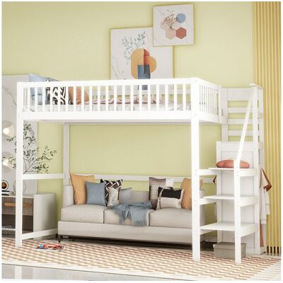 Merax Tussenbed 140x200 met trap, wit houten kinderbed met opbergplank, eenvoudige kledingkast - Wit Merax Tussenbed 140x200 met trap, wit houten kinderbed met opbergplank, eenvoudige kledingkast - Wit