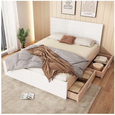 Merax Bed 180 x 200 cm met hoofdeinde en 2 lades - Massief hout + MDF - Lattenbodem - Eiken/wit (zonder matras) - Wit Merax Bed 180 x 200 cm met hoofdeinde en 2 lades - Massief hout + MDF - Lattenbodem - Eiken/wit (zonder matras) - Wit