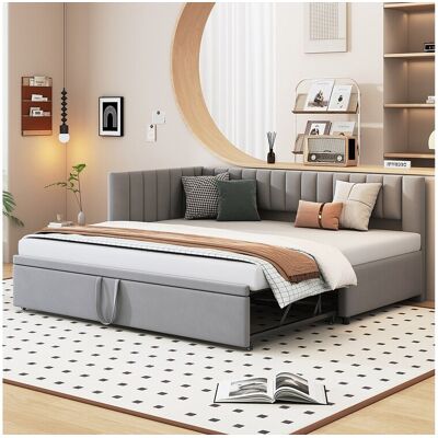 Merax Onderschuifbed 90/180 x 200 cm L-vormig, Slaapbank - Fluweel - Lattenbodem - lichtgrijs (zonder matras) - Grijs Merax Onderschuifbed 90/180 x 200 cm L-vormig, Slaapbank - Fluweel - Lattenbodem - lichtgrijs (zonder matras) - Grijs