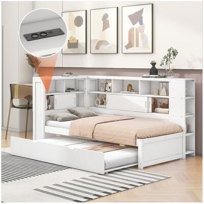 Merax Onderschuifbed 90 x 190/200 cm met hoofdbord - Opbergkastjes en USB-aansluitingen - Spaanplaat + MDF - Wit (zonder matras) - Wit Merax Onderschuifbed 90 x 190/200 cm met hoofdbord - Opbergkastjes en USB-aansluitingen - Spaanplaat + MDF - Wit (zonder matras) - Wit