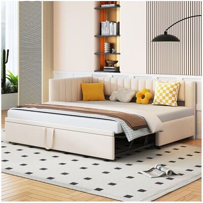 Merax Onderschuifbed 90/180 x 200 cm L-vormig, Slaapbank - Fluweel - Lattenbodem - Beige (zonder matras) - Beige Merax Onderschuifbed 90/180 x 200 cm L-vormig, Slaapbank - Fluweel - Lattenbodem - Beige (zonder matras) - Beige