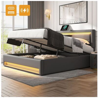 Merax Opbergbed 140 x 190 met hoofdbord - USB- en LED-aansluitingen - PU leer - Lattenbodem - Grijs (zonder matras) - Grijs Merax Opbergbed 140 x 190 met hoofdbord - USB- en LED-aansluitingen - PU leer - Lattenbodem - Grijs (zonder matras) - Grijs