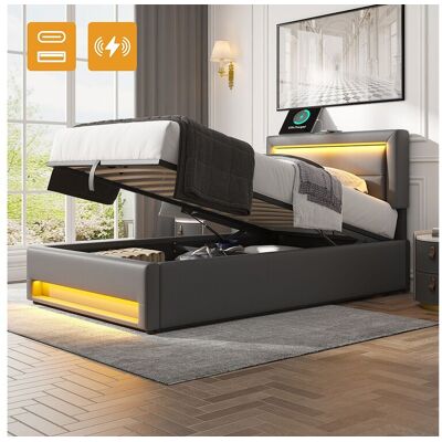 Merax Opbergbed 90 x 200 cm met hoofdbord - USB- en LED-aansluitingen - PU leer - Lattenbodem - Grijs (zonder matras) - Grijs Merax Opbergbed 90 x 200 cm met hoofdbord - USB- en LED-aansluitingen - PU leer - Lattenbodem - Grijs (zonder matras) - Grijs