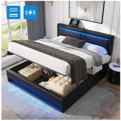 Merax Opbergbed 140 x 200 cm met hoofdbord - USB- en LED-aansluitingen - PU leer - Lattenbodem - Zwart (zonder matras) - Zwart Merax Opbergbed 140 x 200 cm met hoofdbord - USB- en LED-aansluitingen - PU leer - Lattenbodem - Zwart (zonder matras) - Zwart