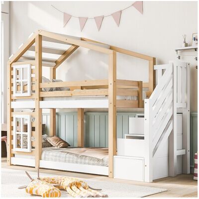 Merax Stapelbedden 2 x 90 x 200 cm met 3 lades, raam en dak - Massief hout + MDF - 2 x lattenbodem - Wit (zonder matras) - Wit Merax Stapelbedden 2 x 90 x 200 cm met 3 lades, raam en dak - Massief hout + MDF - 2 x lattenbodem - Wit (zonder matras) - Wit