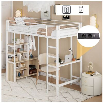 Merax Hoogslaper 90 x 200 cm met bureau, USB-aansluitingen, open opbergkast - Metaal + MDF - Wit (zonder matras) - Wit Merax Hoogslaper 90 x 200 cm met bureau, USB-aansluitingen, open opbergkast - Metaal + MDF - Wit (zonder matras) - Wit