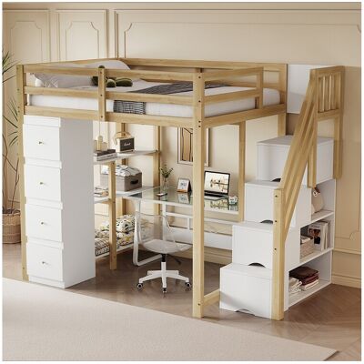 Merax Hoogslaper 140 x 200 cm met 4 laden, 4 deuren en opbergplanken - Massief hout + MDF - Lattenbodem - Naturel + wit - Wit Merax Hoogslaper 140 x 200 cm met 4 laden, 4 deuren en opbergplanken - Massief hout + MDF - Lattenbodem - Naturel + wit - Wit