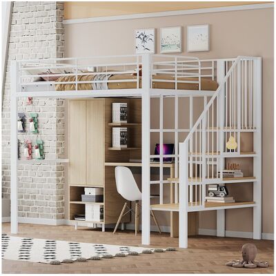 Merax Hoogslaper 140 x 200 cm met brede trap - Metaal + Multiplex + MDF - Lattenbodem - Wit - Wit Merax Hoogslaper 140 x 200 cm met brede trap - Metaal + Multiplex + MDF - Lattenbodem - Wit - Wit