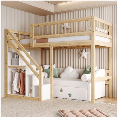 Merax Hoogslaper 90 x 200 cm met opbergkast - Massief hout + MDF - Naturel en wit (zonder matras) - Wit Merax Hoogslaper 90 x 200 cm met opbergkast - Massief hout + MDF - Naturel en wit (zonder matras) - Wit