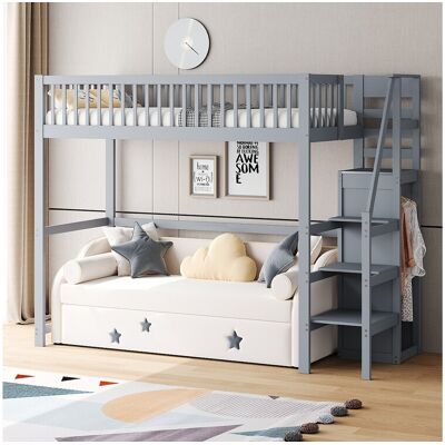 Merax Hoogslaper 90 x 200 cm met kledingkast en trap - Massief hout + multiplex + MDF - Grijs (Zonder matras) - Grijs Merax Hoogslaper 90 x 200 cm met kledingkast en trap - Massief hout + multiplex + MDF - Grijs (Zonder matras) - Grijs