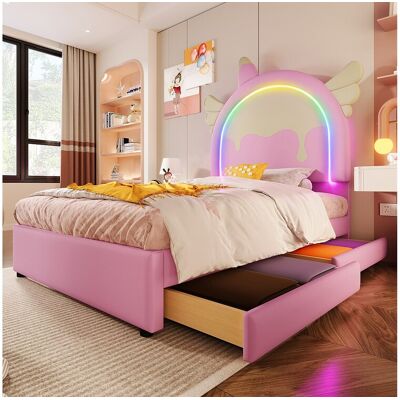Merax Gestoffeerd bed 90 x 200 cm met eenhoornhoofdbord en 2 lades - LED-verlichting - Kunstleer - Roze (matras niet inbegrepen) - Roze Merax Gestoffeerd bed 90 x 200 cm met eenhoornhoofdbord en 2 lades - LED-verlichting - Kunstleer - Roze (matras niet inbegrepen) - Roze