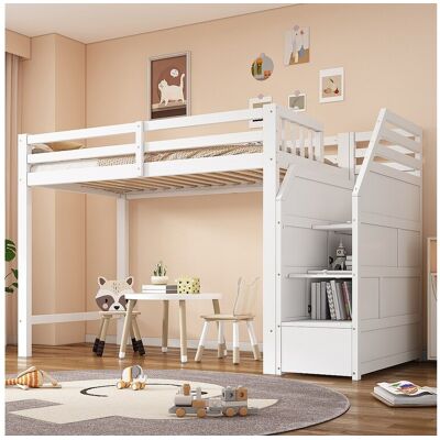 Merax Hoogslaper 90 x 200 cm met uitvalbeveiliging, 2 compartimenten en vrije ruimte - Dennenhout + MDF - Wit (zonder matras) - Wit Merax Hoogslaper 90 x 200 cm met uitvalbeveiliging, 2 compartimenten en vrije ruimte - Dennenhout + MDF - Wit (zonder matras) - Wit