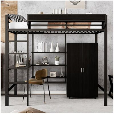 Merax Hoogslaper 90 x 200 cm met bureau, kledingkast en opbergplanken - IJzer + spaanplaat - voor kinderen - Zwart - Zwart Merax Hoogslaper 90 x 200 cm met bureau, kledingkast en opbergplanken - IJzer + spaanplaat - voor kinderen - Zwart - Zwart