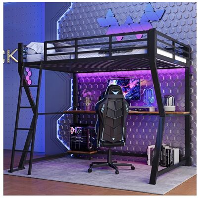 Merax Hoogslaper 90 x 200 cm met bureau, stopcontact + USB-poort en planken - Sfeerverlichting - Metaal - Zwart (matras niet inbegrepen) - Zwart Merax Hoogslaper 90 x 200 cm met bureau, stopcontact + USB-poort en planken - Sfeerverlichting - Metaal - Zwart (matras niet inbegrepen) - Zwart