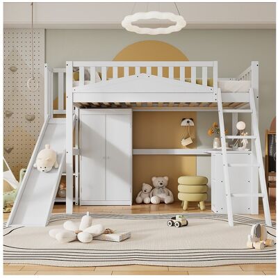 Merax Hoogslaper 90 x 200 cm met glijbaan, kledingkast en bureau - Dennen + MDF + multiplex - Lattenbodem - Wit - Wit Merax Hoogslaper 90 x 200 cm met glijbaan, kledingkast en bureau - Dennen + MDF + multiplex - Lattenbodem - Wit - Wit