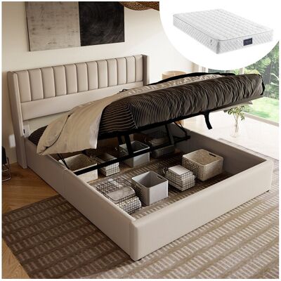 Merax Gestoffeerd tweepersoonsbed met opbergruimte - 160 x 200 cm - Matras + Hoofdbord - massief hout + linnen + metaal - Beige - Beige Merax Gestoffeerd tweepersoonsbed met opbergruimte - 160 x 200 cm - Matras + Hoofdbord - massief hout + linnen + metaal - Beige - Beige