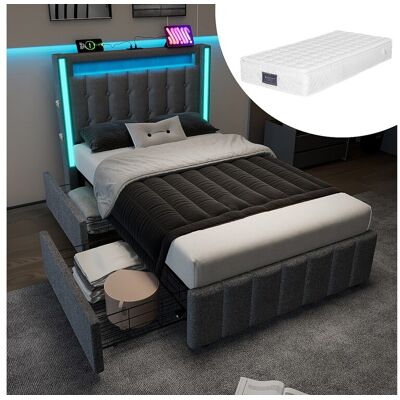 Merax Gestoffeerd opbergbed voor jongeren - 90 x 200 cm - Matras + LED's + 2 lades + Hoofdbord met USB - Linnen stof - Grijs - Grijs Merax Gestoffeerd opbergbed voor jongeren - 90 x 200 cm - Matras + LED's + 2 lades + Hoofdbord met USB - Linnen stof - Grijs - Grijs