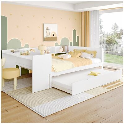 Merax uitschuifbed - 140 x 200 cm + 90 x 190 cm - opbergruimte + bureau - zonder matras - grenen + spaanplaat - wit - Wit Merax uitschuifbed - 140 x 200 cm + 90 x 190 cm - opbergruimte + bureau - zonder matras - grenen + spaanplaat - wit - Wit