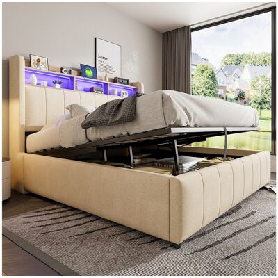 Merax Gestoffeerd tweepersoonsbed met opbergruimte - 160 x 200 cm - met ledverlichting + USB-aansluiting - Hoofdbord met opbergruimte - Linnen stof - Beige - Beige Merax Gestoffeerd tweepersoonsbed met opbergruimte - 160 x 200 cm - met ledverlichting + USB-aansluiting - Hoofdbord met opbergruimte - Linnen stof - Beige - Beige