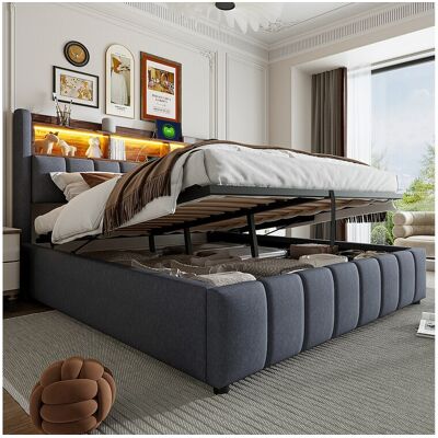 Merax Gestoffeerd tweepersoonsbed met opbergruimte - 180 x 200 cm - met ledverlichting + USB-aansluiting - linnen + metaal + multiplex + MDF - grijs - Grijs Merax Gestoffeerd tweepersoonsbed met opbergruimte - 180 x 200 cm - met ledverlichting + USB-aansluiting - linnen + metaal + multiplex + MDF - grijs - Grijs