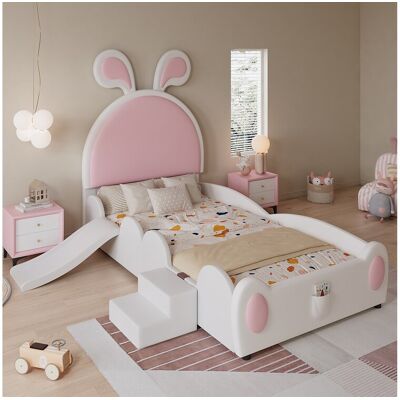 Merax Kinderbed gestoffeerd - 90 x 200 cm - met trap en glijbaan + hoofdeinde - PU - wit + roze - Roze Merax Kinderbed gestoffeerd - 90 x 200 cm - met trap en glijbaan + hoofdeinde - PU - wit + roze - Roze
