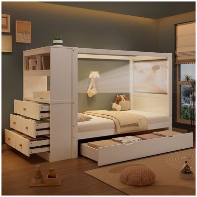 Merax Eenpersoonsbed kinderbed - 90 x 200 cm - met opbergmeubel + 5 lades - grenen + PB - wit + naturel - Wit Merax Eenpersoonsbed kinderbed - 90 x 200 cm - met opbergmeubel + 5 lades - grenen + PB - wit + naturel - Wit