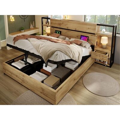 ModernLuxe Opbergbed voor volwassenen 160x200cm van hout - met USB- en Type-C oplaadpoort - met 2 lades - met lattenbodem - Natuur - Natuurlijk licht ModernLuxe Opbergbed voor volwassenen 160x200cm van hout - met USB- en Type-C oplaadpoort - met 2 lades - met lattenbodem - Natuur - Natuurlijk licht