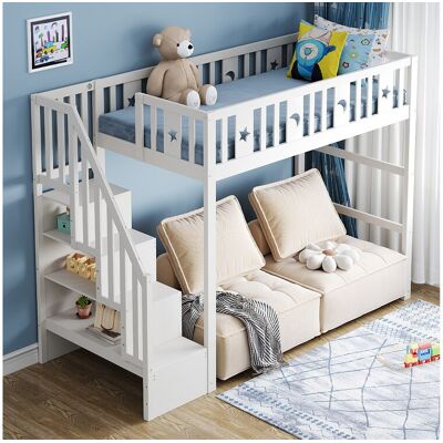 Merax Kinderhoogslaper - 90 x 200 - met opbergruimte in de trap + veiligheidshekje - hout + MDF - wit - Wit Merax Kinderhoogslaper - 90 x 200 - met opbergruimte in de trap + veiligheidshekje - hout + MDF - wit - Wit