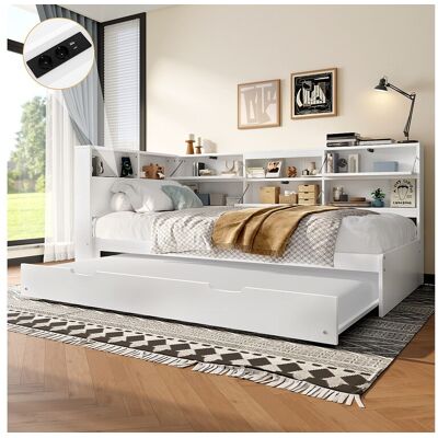Merax Kinderslaapbank - 90 x 200 cm + 90 x 190 cm - uitschuifbed - hoofdeinde met opbergruimte - hout + MDF - wit - Wit Merax Kinderslaapbank - 90 x 200 cm + 90 x 190 cm - uitschuifbed - hoofdeinde met opbergruimte - hout + MDF - wit - Wit